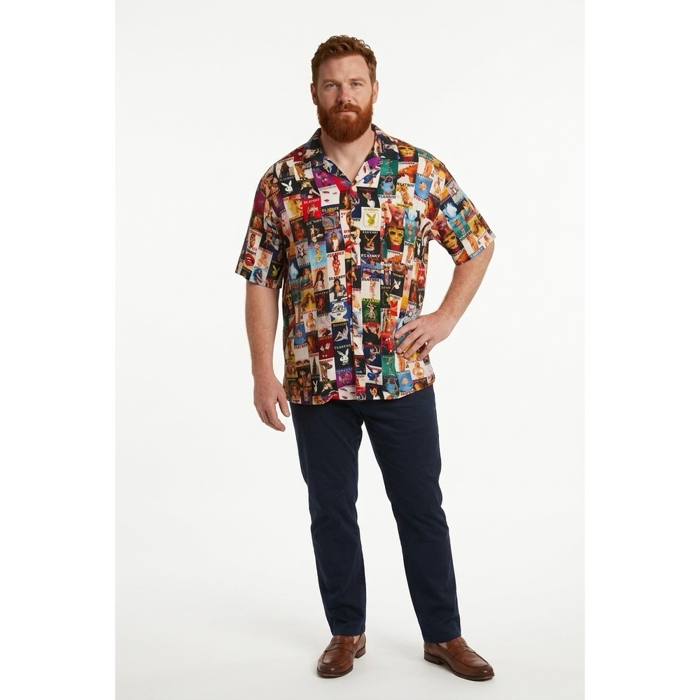 Playboy Mens Vintage Magazine Cover Print Short Sleeve Camp Collar Shirt Multi M